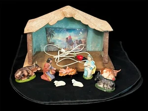 Vintage Italien Weihnachtskrippe Komposition 11 Figuren + Holz Stall Krippe - Bild 1 von 12
