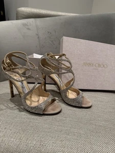 Jimmy Choo Glitter Champagne Strappy Sandals Heels Size 37.5 Gently Used - Picture 1 of 9