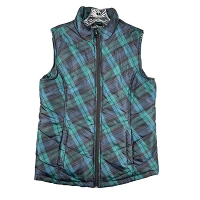 Jason Maxwell Plaid Puffer Vest Quilted Sleeveless Jacket Womens M Teal Black - Image 1 of 4