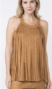 Vocal Suede Sleeveless Camel Tan Top With Fringes - Picture 1 of 1