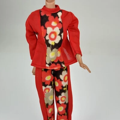 Vintage Barbie Doll Clothes Clone Outfit Mod Two Piece Red Retro Flower Power - Image 1 of 4