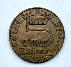 GERMANY MENDEN 5 MILLIONEN 1923 - Notgeld der Stadt Menden - Gold plated brass - Picture 1 of 2