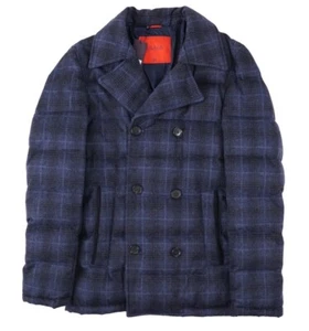 Isaia Quilted Dark Blue Check Soft Flannel Wool-Cashmere Peacoat M (Eu 50) NWT - Picture 1 of 10