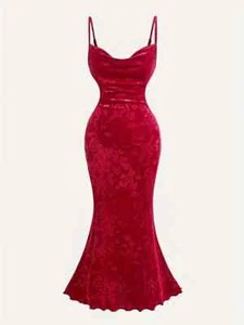 Vintage Look Red Velvet Maxi Dress Cowl Neck Mermaid Hem - Red - Size 16/XL BNNT - Picture 1 of 19