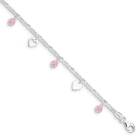 Sterling Silver Pink Glass Beads And Polished Hearts 1In With Ext. Anklet 9"
