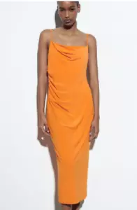 Zara NWOT Women's Orange Cowl Neck with Rouching Strappy Maxi Dress Size S - Picture 1 of 6