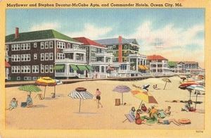 Postal de lino Ocean City MD Mayflower & Commander Hotels 1948 vintage - Imagen 1 de 2
