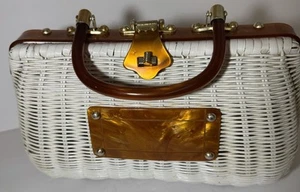 VTG 50's-60's White Wicker Handbag Hong Kong Lucite Handels Mid Century Purse - Picture 1 of 13