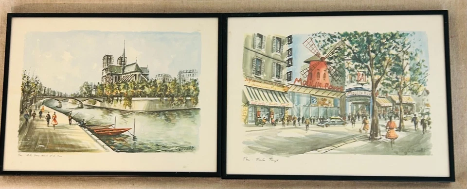 ARTE DE PARED IMPRESIÓN ACUARELA VINTAGE ENMARCADO PARIS MOULIN ROUGE & NOTRE DAME Foto 1 de 4