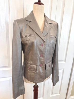 INC, Women's, Size Med, Silver-Gray Leather Jacket, Fully Lined, Button Up - Image 1 of 4