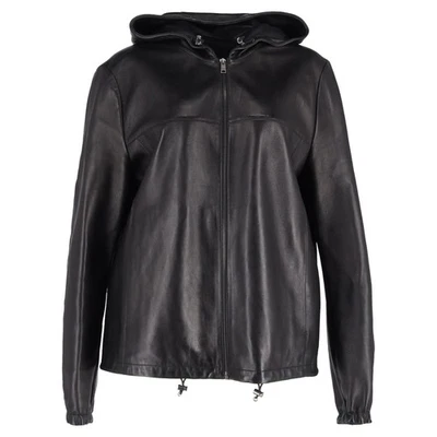 Prada Zipped Hooded Jacket in Black Leather - Image 1 of 3
