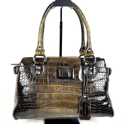 David Jones London Handbag Purse Satchel Brown & Green Crocodile Leather Tote - Image 1 of 4