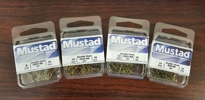 MUSTAD 7825 DOUBLE HOOKS 50 PACK 8, 10, 12, OR 14 SPLIT OPEN SHANK - Image 1 of 4