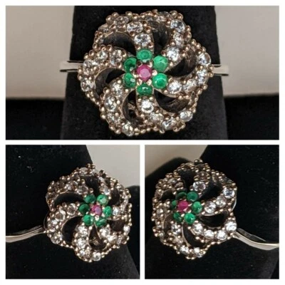 Sterling Silver & 8k Gold Ruby Emerald & Glass Ring Pinwheel 3.7g Sz 8.25 Signed - Image 1 of 4