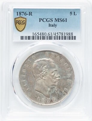 ITALY KINGDOM 1876-R  5 LIRE SILVER COIN, UNCIRCULATED, PCGS CERTIFIED MS-61 - Image 1 of 4