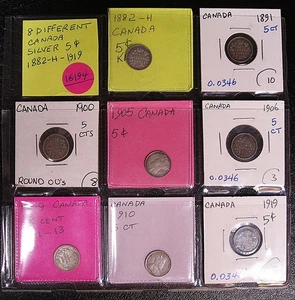 8 diverse monete da 5 centesimi in argento sterling CANADA dal 1882-H al 1919 #16194 - Foto 1 di 4