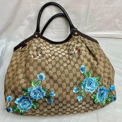 Bolso de Mano Gucci Vintage, Grande, Lona Recubierta con Adorno Floral Azul Foto 1 de 4