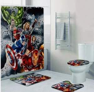 Marvel Avengers 4Pcs Bathroom Set - Shower Curtain, Bath Mat & Lid Cover - Picture 1 of 3