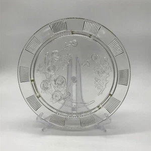 Federal Clear Glass Sharon Cabbage Open Rose Cake Plate, Floral Design & Ribbed - Picture 1 of 8