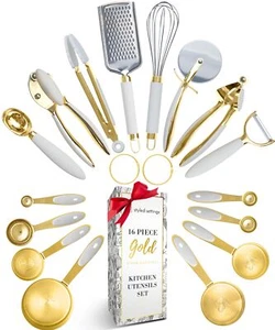 White And Gold Kitchen Utensils Set“ 16piece Silicone Cooking Utensils With Meas - Picture 1 of 9