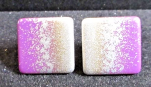 VINTAGE 1980s Retro Purple Silver Gold Acrylic & Enamel Square Clip Earrings 1" - Picture 1 of 4