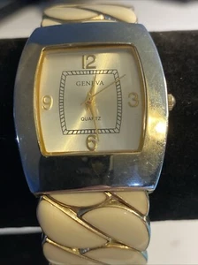 Geneva Watch Women's New Battery  Cream Colored Band Bangle Gold Tone - Picture 1 of 7