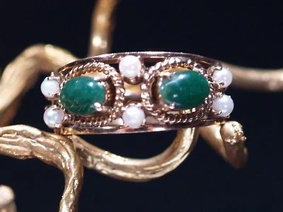 Anillo vintage de filigrana de jade y perlas semilla de 14 k Foto 1 de 4