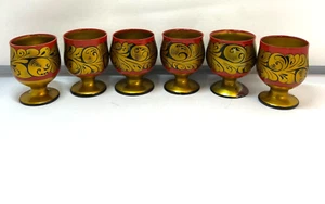 Juego de 6 tazas de madera lacada de arte popular ruso Khokhloma pintadas a mano - Imagen 1 de 11