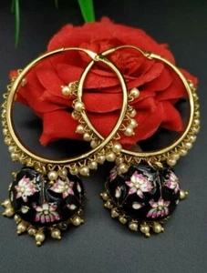 Bollywood Indian Style Enameled Pearl Jhumka Bali Black Earrings Jewelry Set - Picture 1 of 7