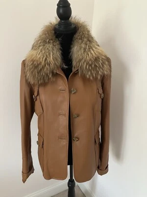 Chaqueta de cuero de cordero suave mujer desmontable cuello de piel real marrón tostado talla 10 Foto 1 de 4