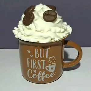 Mini Coffee Espresso Mug With Faux Whipped Topping Lid "But First Coffee" New - Picture 1 of 4