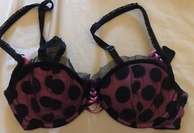 Sujetador Lencería Felina 36B Negro Rosa Encaje Lunares Con Aros Con Cordones BONITO Foto 1 de 3