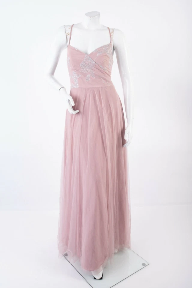 Hayley Paige Occasions 女式长款连衣裙 4 码特殊场合粉红色薄纱 — 第 1/4 张图片
