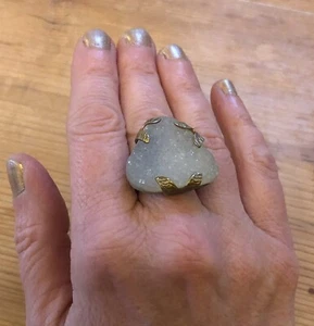 Light Blue Agate Triangular Druzy Gold Unknown Metal Ring - Adjustable - Size M - Picture 1 of 9