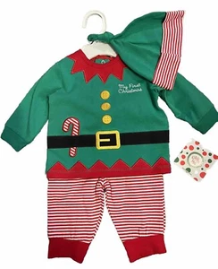NWT Little Me MY FIRST CHRISTMAS ELF 3pc Outfit Pants Shirt Hat 3m Red Striped - Picture 1 of 4