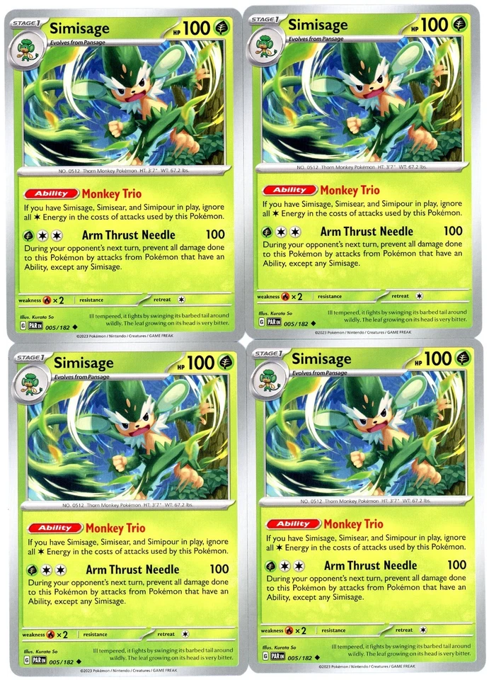 4x Pokemon TCG Simisage 005/182 Sv04: Paradox Rift Uncommon Playset - Image 1 of 1