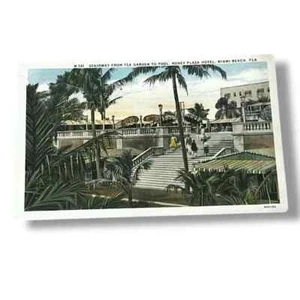 Postal Escalera Jardín de té a piscina Roney Plaza Hotel Miami Beach Florida D94 - Imagen 1 de 2
