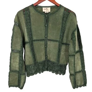 Scully Womens Sz 10 Leather Suede Green Crochet Jacket Shirt Top Western Rodeo - Picture 1 of 10