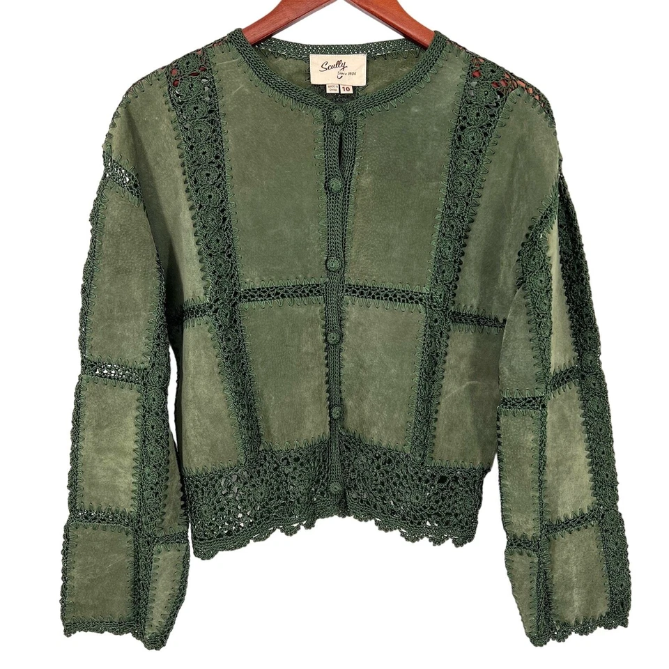 Camisa Top Chaqueta Top Western Rodeo Scully Mujer Talla 10 Cuero Gamuza Verde Crochet Foto 1 de 4