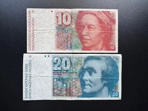 Switzerland 10, 20 Francs Banknotes 1987 old Swiss Bank Bill Notes 2 Pcs/ Lot - Picture 1 of 2
