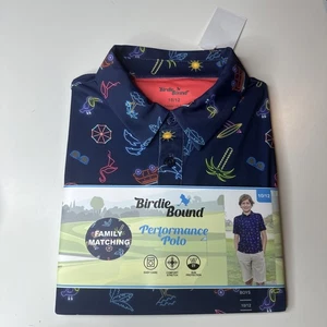 Birdie Bound Performance Boys Polo Shirt Navy Neon Tropical Golf Size 10/12 - Picture 1 of 14