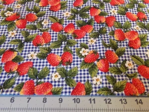 23" X 44" VINTAGE "RED STRAWBERRIES" BLUE GINGHAM/HOFFMAN COTTON  NEW #1604 - Picture 1 of 3