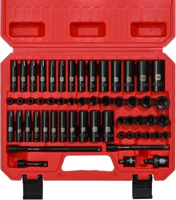 55pcs 1/4" Drive Impact Socket Set SAE & Metric Deep Shallow Sockets Wrench Set - Image 1 of 4
