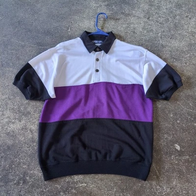 Vintage Puritan Polo Sweater Mens M Purple Black Striped Short Sleeve 90s - Image 1 of 4