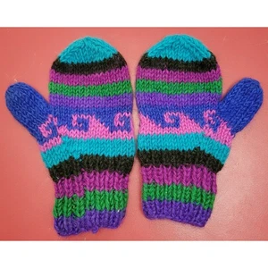Hand-knitted Nepal Woolen Winter Gloves Mittens - Blue Green Pink Ethnic Wool - Picture 1 of 4