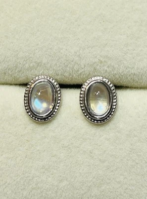 Aretes llamativos de plata de ley 925 con piedra lunar arco iris tono azul Foto 1 de 4
