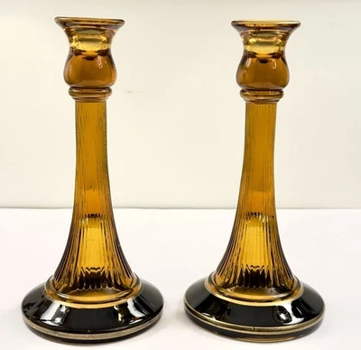 Candelabros de vidrio ámbar de la depresión Adam’s Rib Pattern Diamond Glass Co. 1925-35 Foto 1 de 4