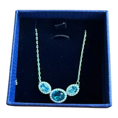 Collar Swarovski Delicado Minimalista Azul Aqua Ovalado Cristal Colgante Rodio Foto 1 de 4