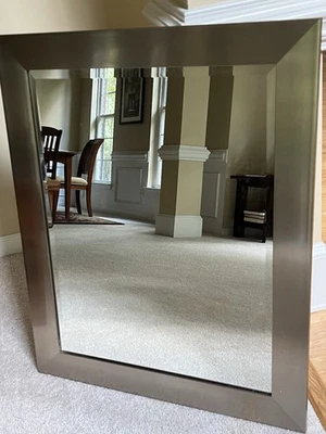 34 X 28 Brushed Nickel Metal Rectangular Framed Beveled Wall Mirror Used - Image 1 of 4