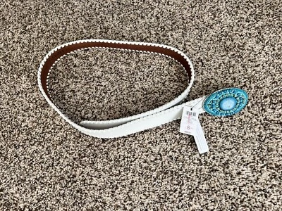Chico's Genuine Leather Belt Beaded Turquoise Buckle White Size Small NWT - Image 1 of 4